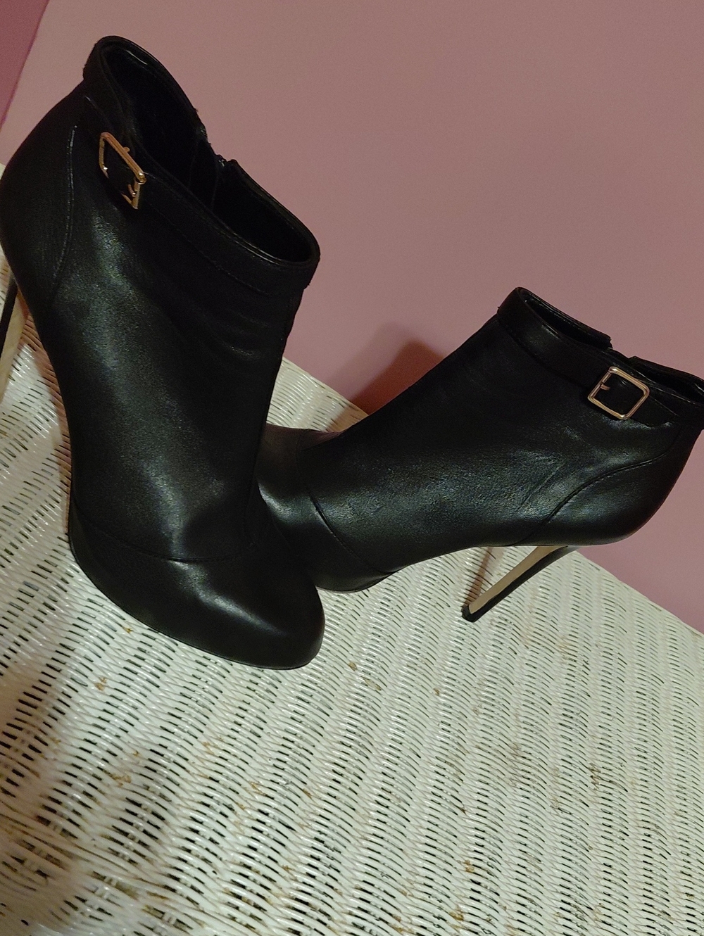 Ann Taylor Black Stiletto Ankle Booties with Gold Buckle Accent